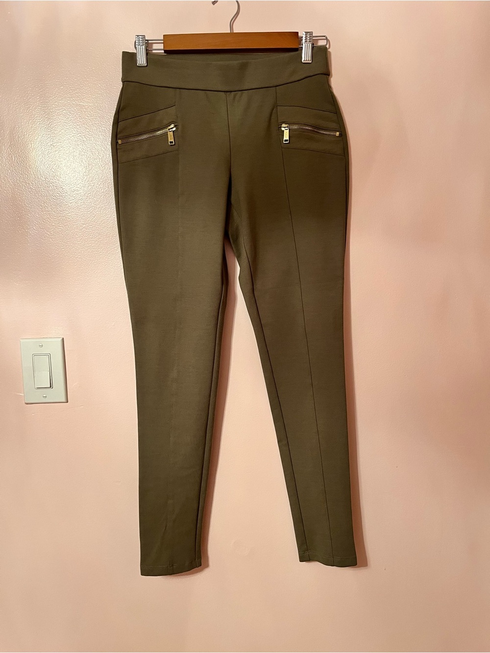 Michael Kors Olive Ponte Skinny Ankle Pants with Gold Zippers